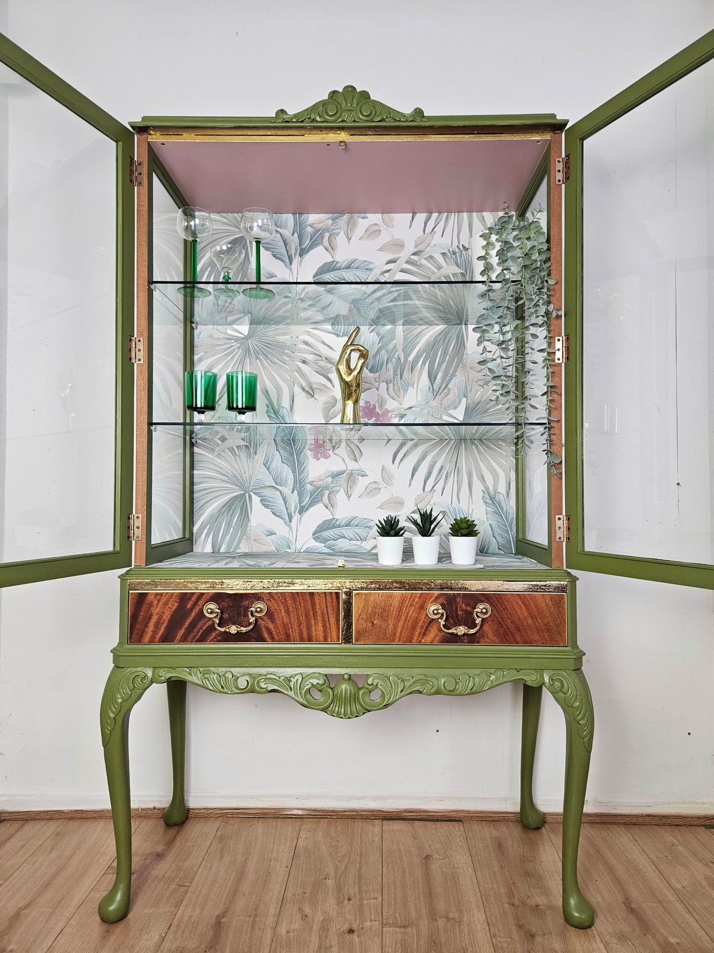 Vintage botanical green cocktail cabinet