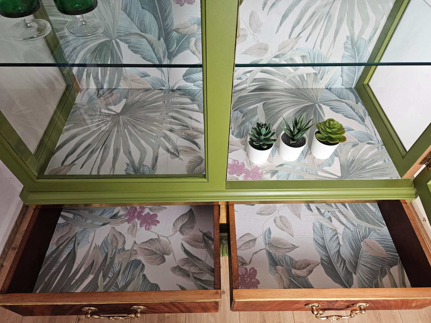 Vintage botanical green cocktail cabinet